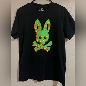 Psycho Bunny Black Tee with Neon Skull Design